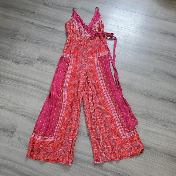 Free People Jumpsuit Womens 4 Pink Red Boho Wide Leg Sleeveless Wrap Tie Rayon - Picture 1 of 12